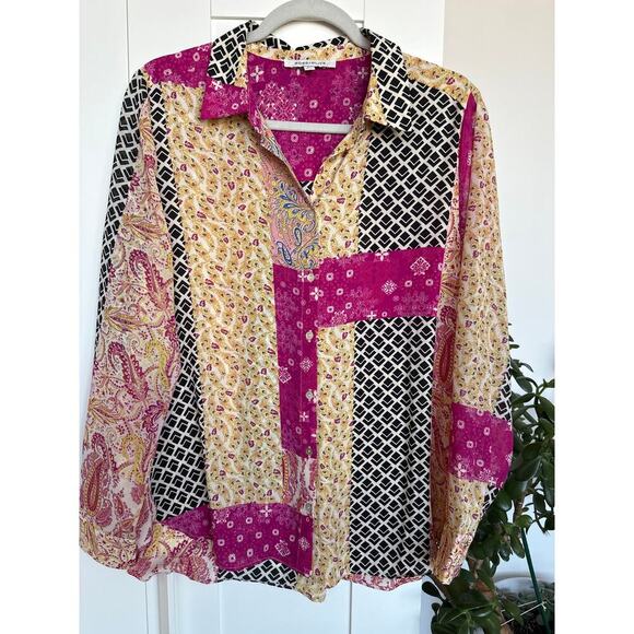 Rose + Olive Paisley Patchwork Button-Down Blouse, Size L, Like New - Picture 1 of 6